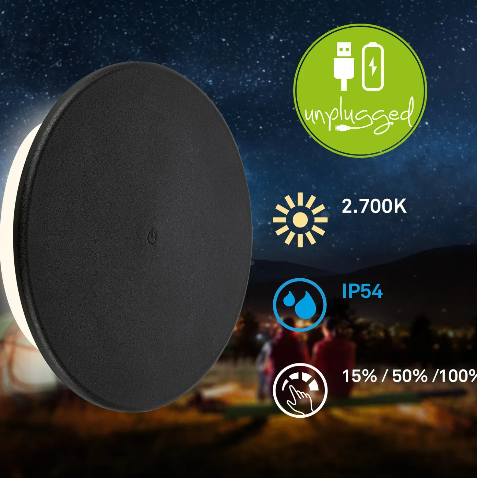 Aplique de exterior Aurora LED recargable, negro, regulador táctil, IP54