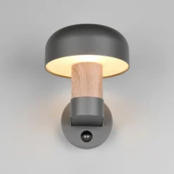 Aplique de exterior Fraser Sensor, gris/aspecto madera, aluminio IP54 E27
