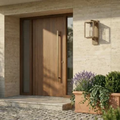 Aplique de exterior Lucande Ferda, portalámpara inferior, marrón, IP44