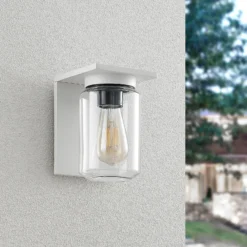 Aplique de exterior Lucande Semka, blanca, aluminio, cristal, 20 cm