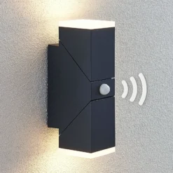 Aplique de pared LED Lindby Sally, 22 cm, antracita, IP54, sensor