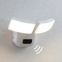 Aplique LED para exterior Lindby Nikias, 30 cm, sensor, 2 luces, blanco