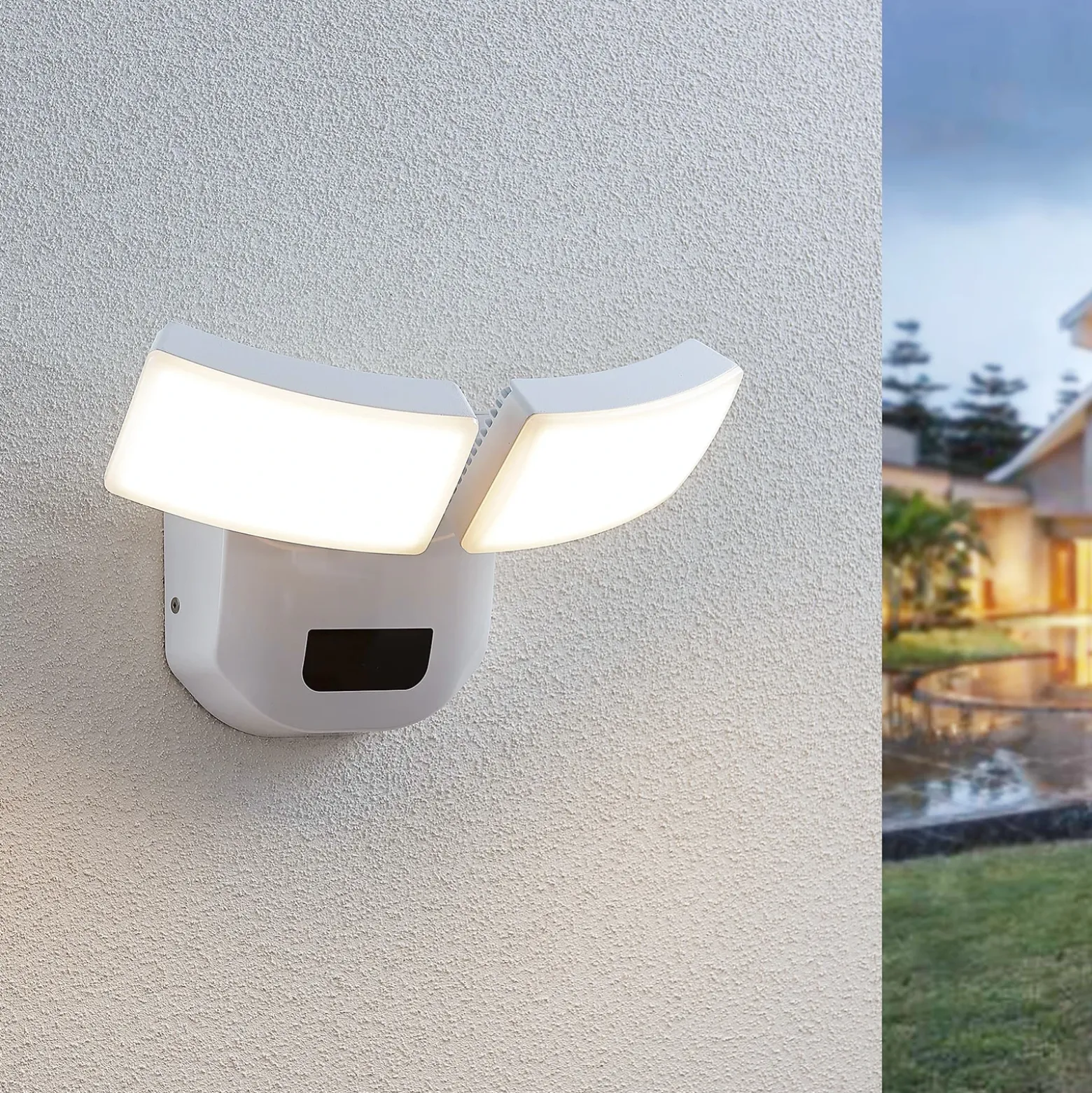 Aplique LED para exterior Lindby Nikias, 30 cm, sensor, 2 luces, blanco