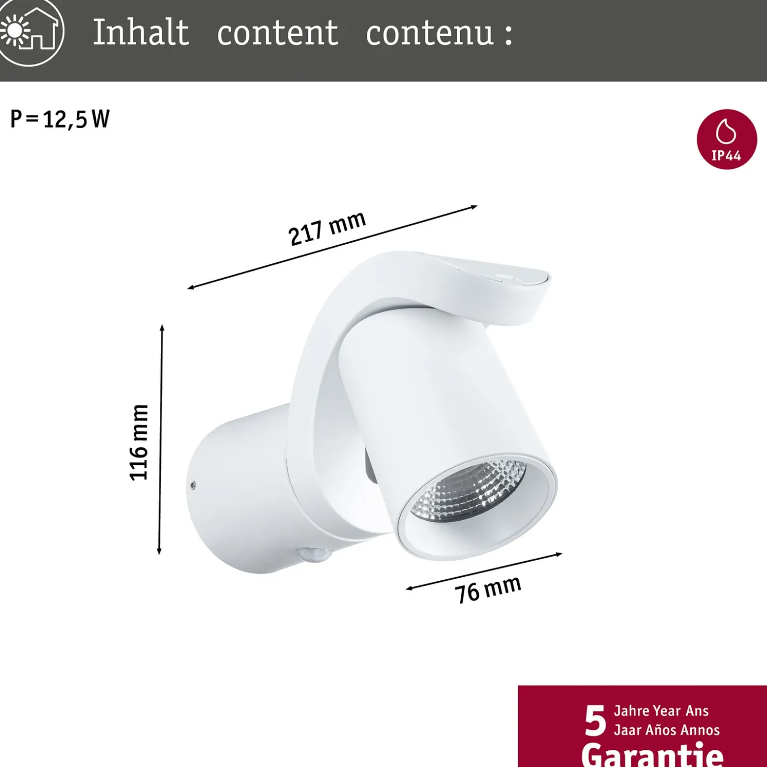 Aplique LED para exterior Paulmann Cuff, sensor, blanco