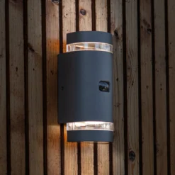 Aplique para exterior con sensor FOCUS ROUND, gris oscuro, 2 x GU10, IP44