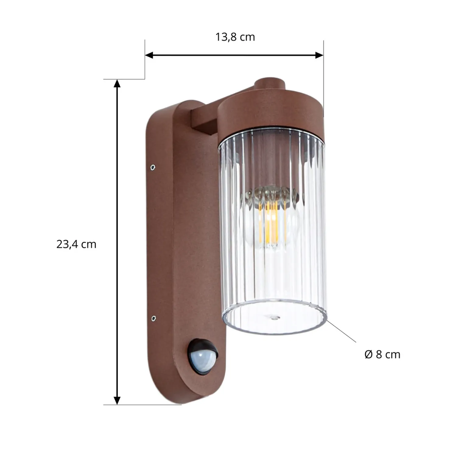 Aplique para exterior Lindby Kaliro, óxido, 24 cm, IP54, sensor