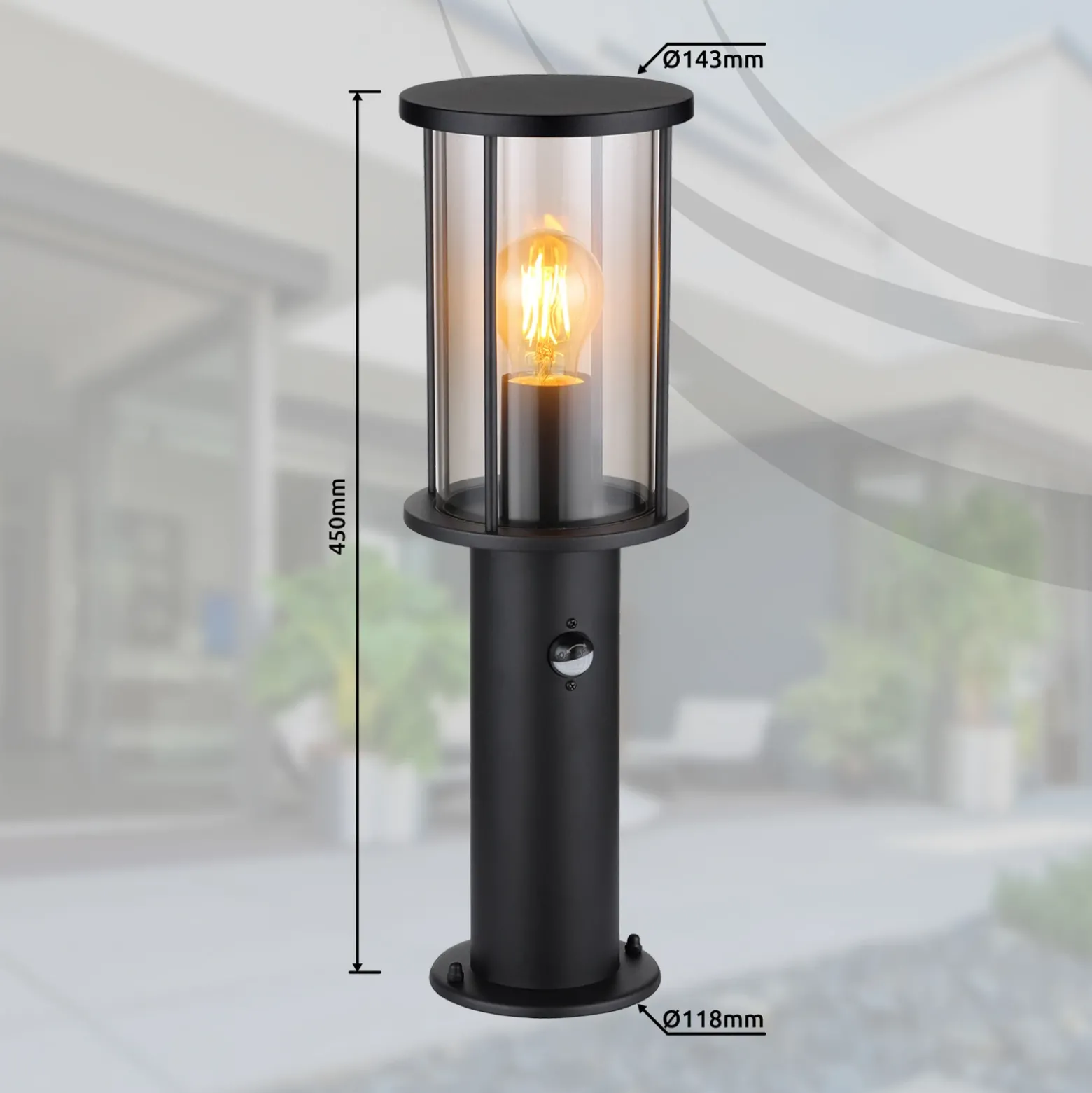Baliza Gracey, negra, con sensor, 45 cm, IP54, E27