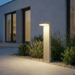 Baliza LED solar para zócalo Eleazar de Lindby, beige, aluminio, sensor