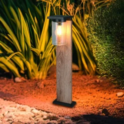 Bolardo luminoso ARDILA, aspecto de madera, altura 65 cm, metal/vidrio, IP44
