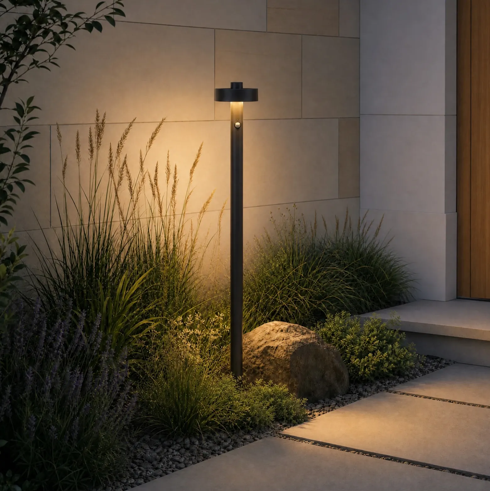 Bolardo luminoso LED Lucande Nirella, 100 cm, negro, CCT, con sensor