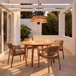 Calefactor colgante Calenza de Lucande, color beige, Ø 50 cm, 1.500 W