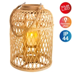 Cesta linterna solar LED, bambú, altura 38 cm, natural