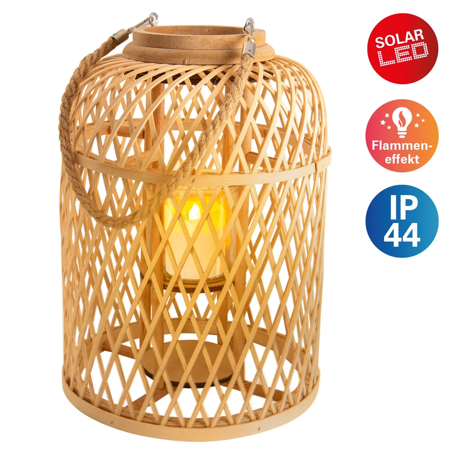 Cesta linterna solar LED, bambú, altura 38 cm, natural