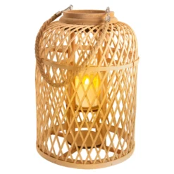 Cesta linterna solar LED, bambú, altura 38 cm, natural