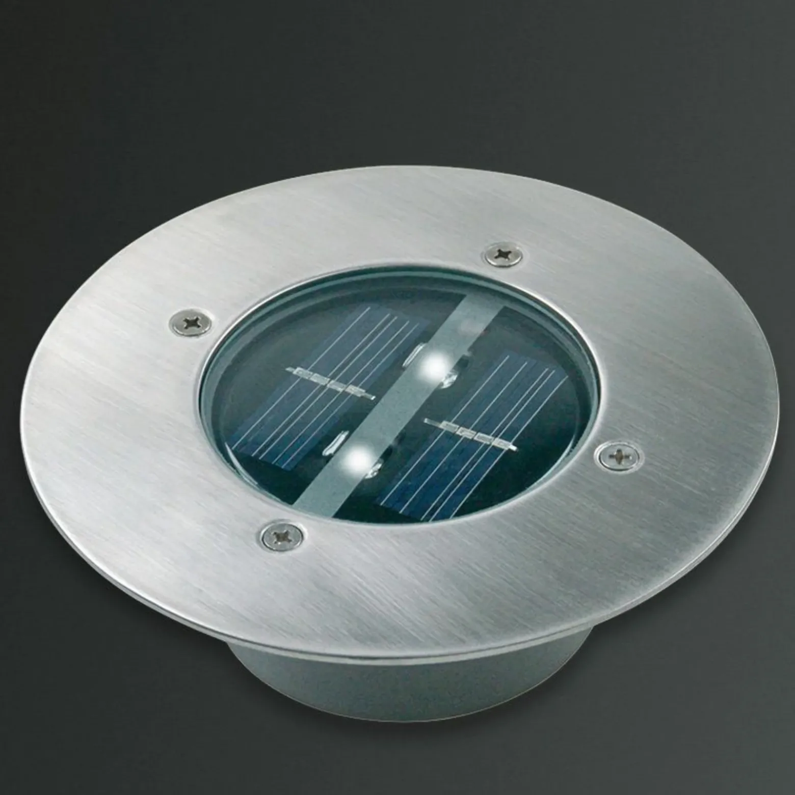 Foco de suelo LED empotrable solar «Lugo», IP44, acero inoxidable, cristal