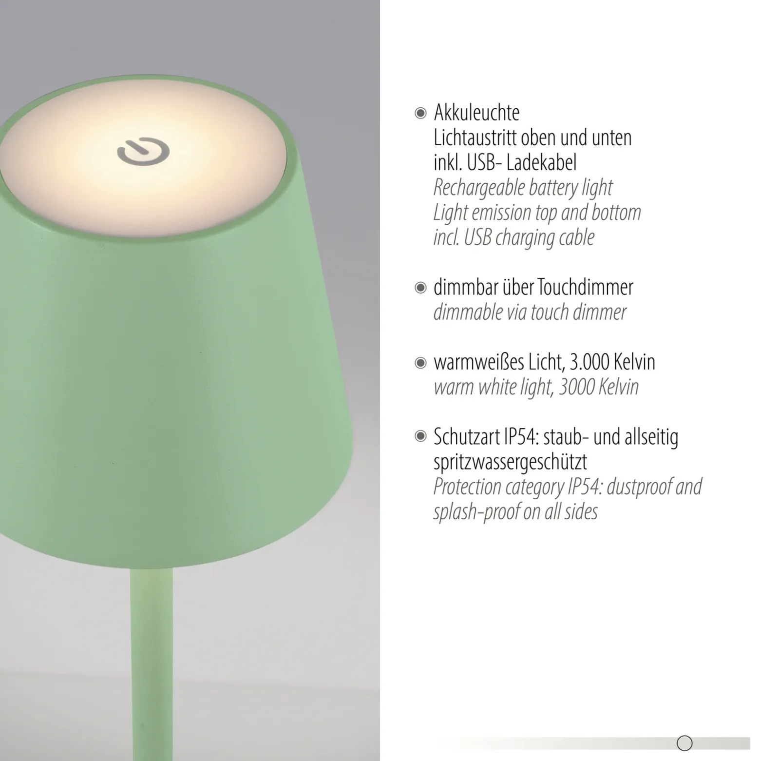JUST LIGHT. Euria lámpara de mesa LED recargable, verde, hierro, IP54
