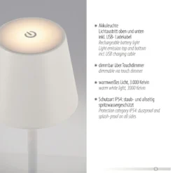 JUST LIGHT. Euria lámpara de pie LED recargable, blanca, hierro, IP54