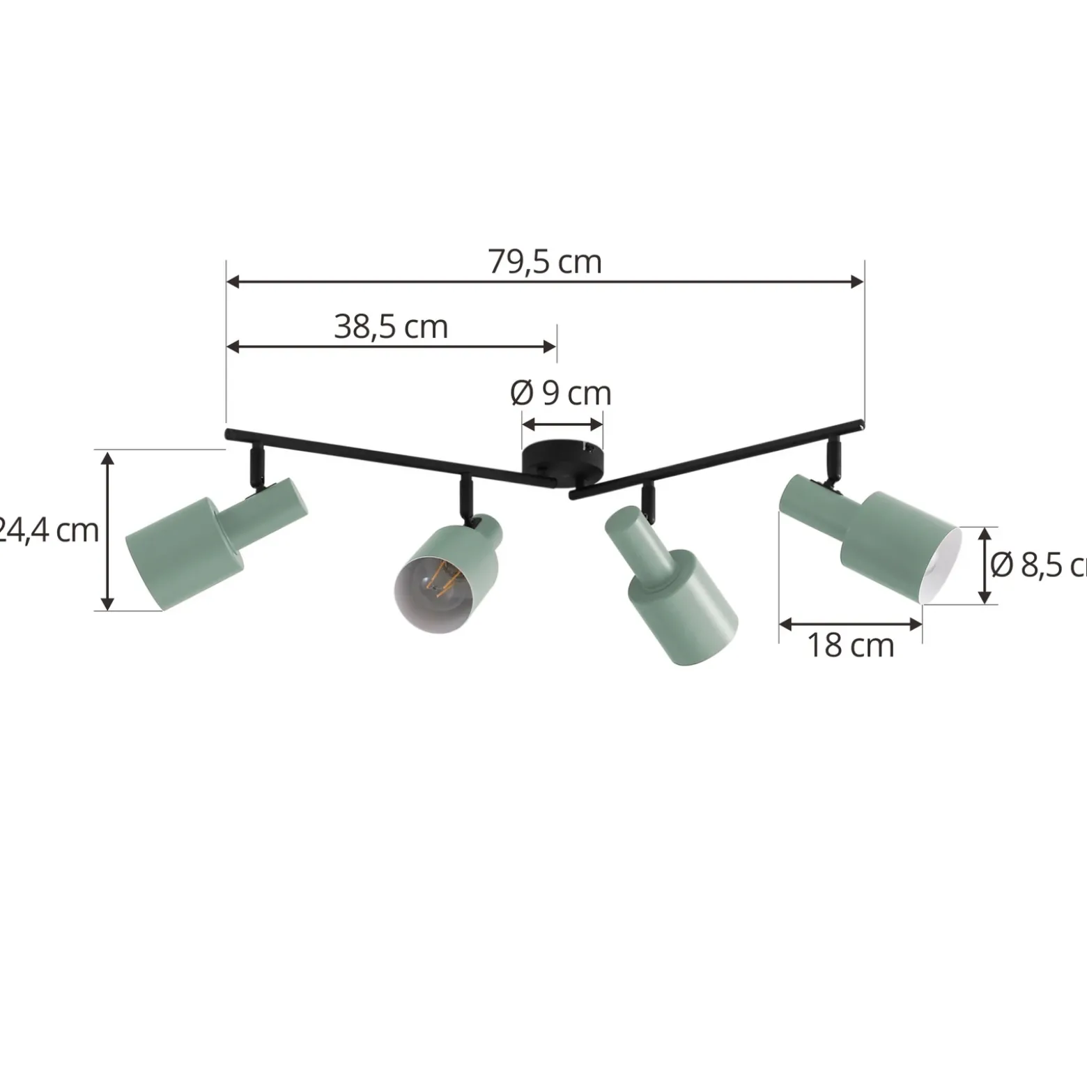 Lindby downlight de techo Ovelia, verde, 80 cm, 4 luces, E27