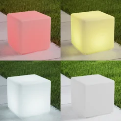 Lindby Lámpara exterior LED recargable Cubara, RGB, cubo, plástico