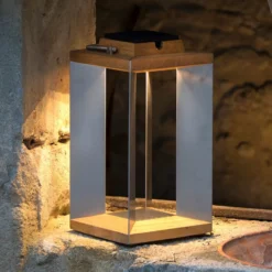 Linterna solar LED Teckinox, teca/acero, 36,5 cm