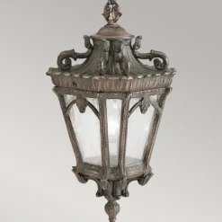 Lámpara colgante exterior Tournai, Ø 19 cm, bronce, aluminio, cristal