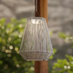 Lámpara colgante solar LED Lindby Austas, gris, Ø 32 cm, USB, IP54