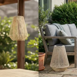 Lámpara colgante solar LED Lindby Austas, beige, Ø 32 cm, USB, IP54