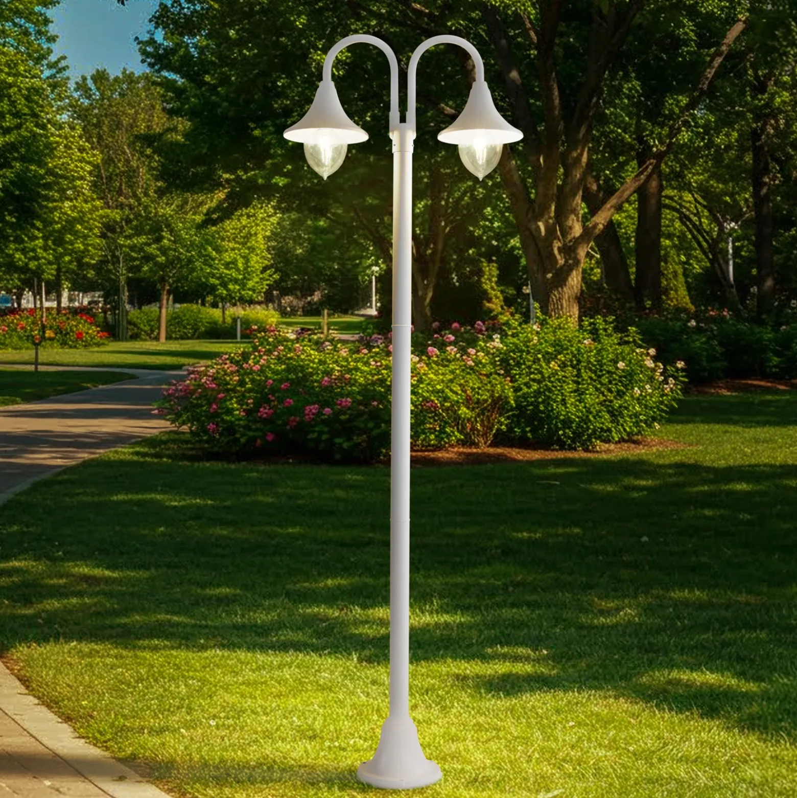 Lámpara de exterior Lindby Madea, blanca, 2 luces, 213 cm, E27, IP44