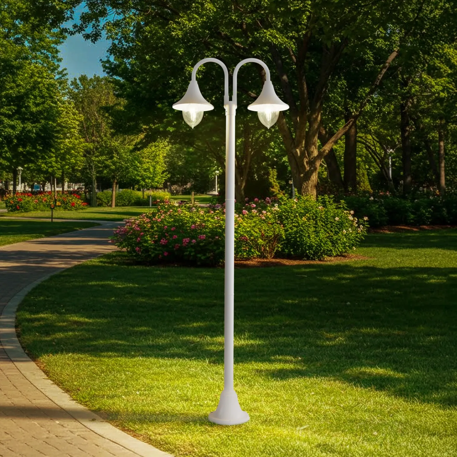 Lámpara de exterior Lindby Madea, blanca, 2 luces, 213 cm, E27, IP44