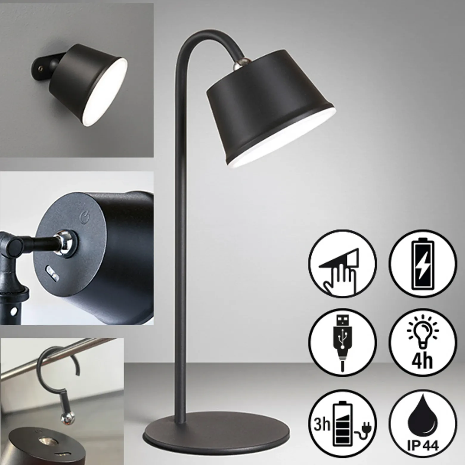 Lámpara de mesa LED batería Voet, dim negro arena