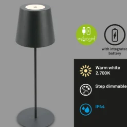 Lámpara de mesa LED con batería 7508015, antracita 2.700 K IP44 Touchdim