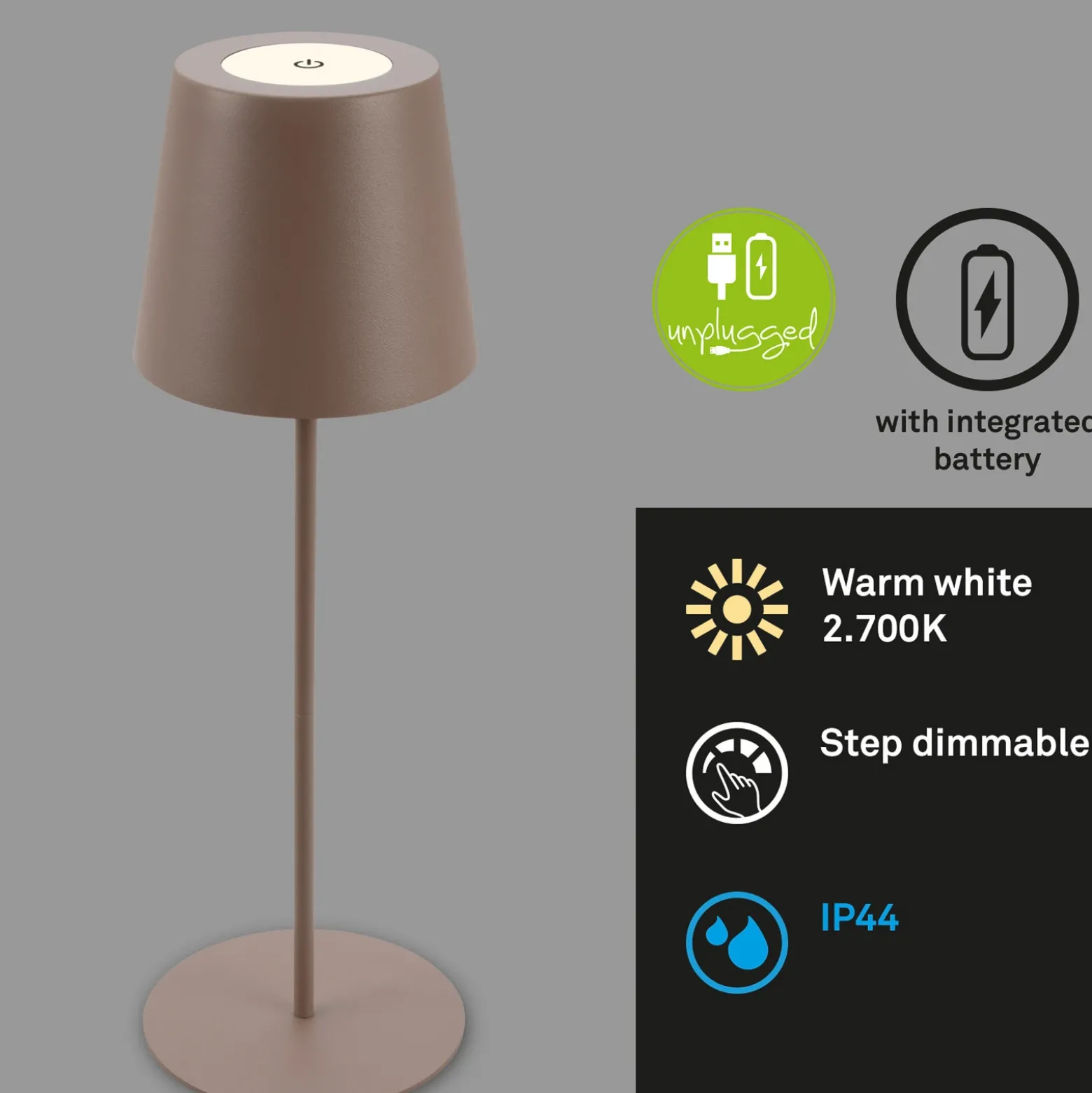 Lámpara de mesa LED con batería 7508012, marrón, 2.700 K IP44 Regulador táctil
