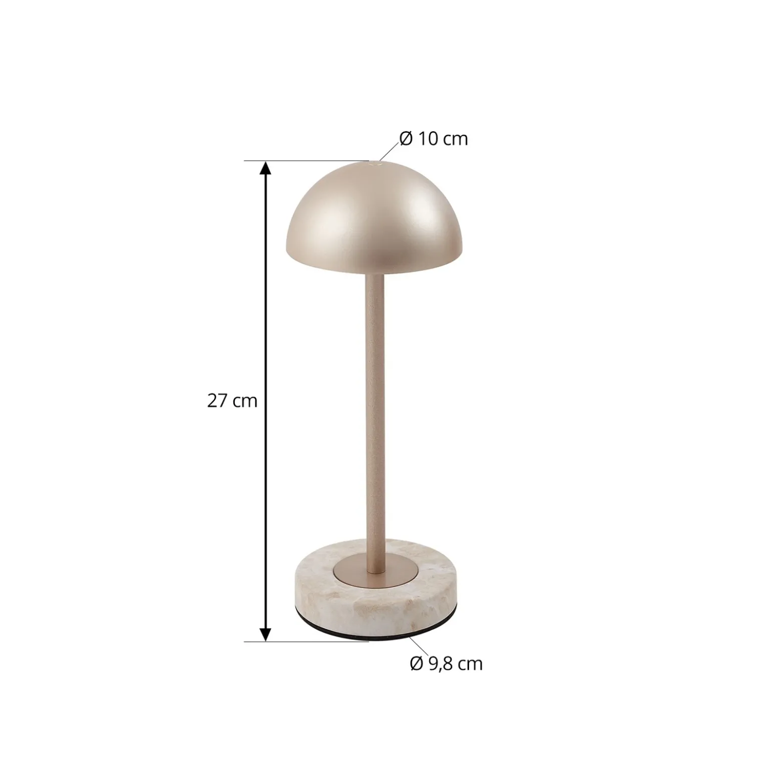 Lámpara de mesa LED recargable Lindby Pippin, dorada/travertino, IP44