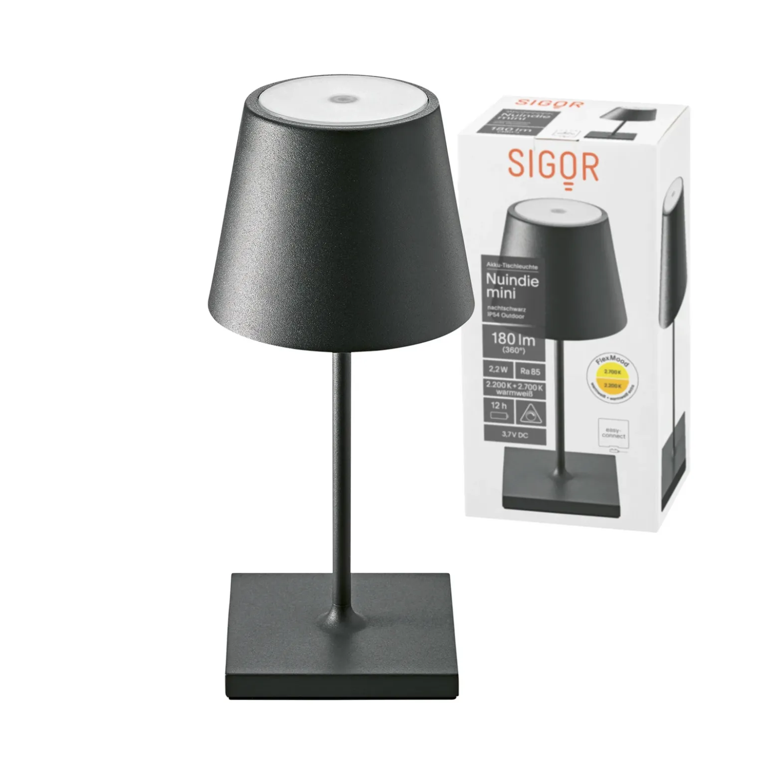 Lámpara de mesa LED recargable Nuindie mini, USB-C, negra, IP54, atenuable.