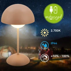 Lámpara de mesa LED recargable Kugle, marrón, metal, IP44, atenuable