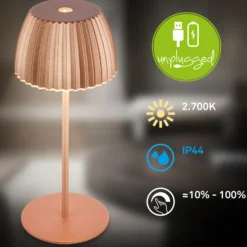 Lámpara de mesa LED recargable Brilo unplugged Riffle, 20 cm, cobre