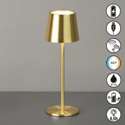 Lámpara de mesa LED recargable Roxi, color latón, metal, IP54, atenuador