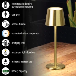 Lámpara de mesa LED recargable Roxi, color latón, metal, IP54, atenuador
