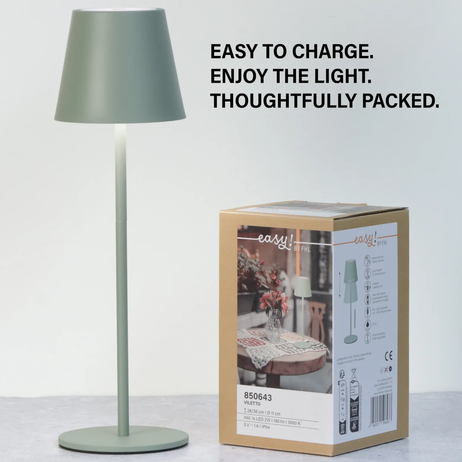 Lámpara de mesa LED recargable Viletto, verde salvia, IP54