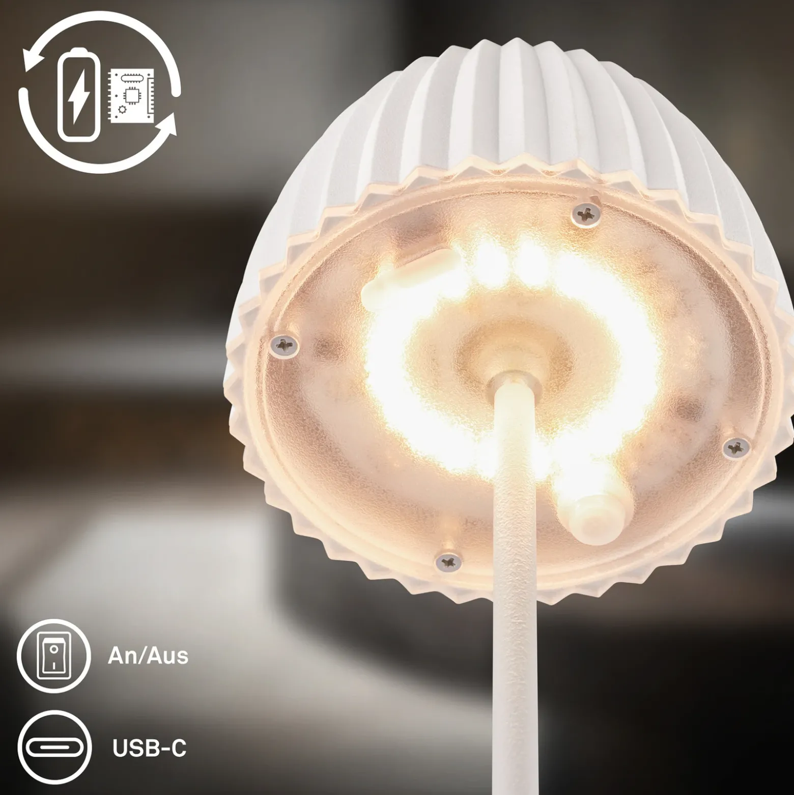 Lámpara de mesa LED recargable Brilo unplugged Riffle, 20 cm, blanca