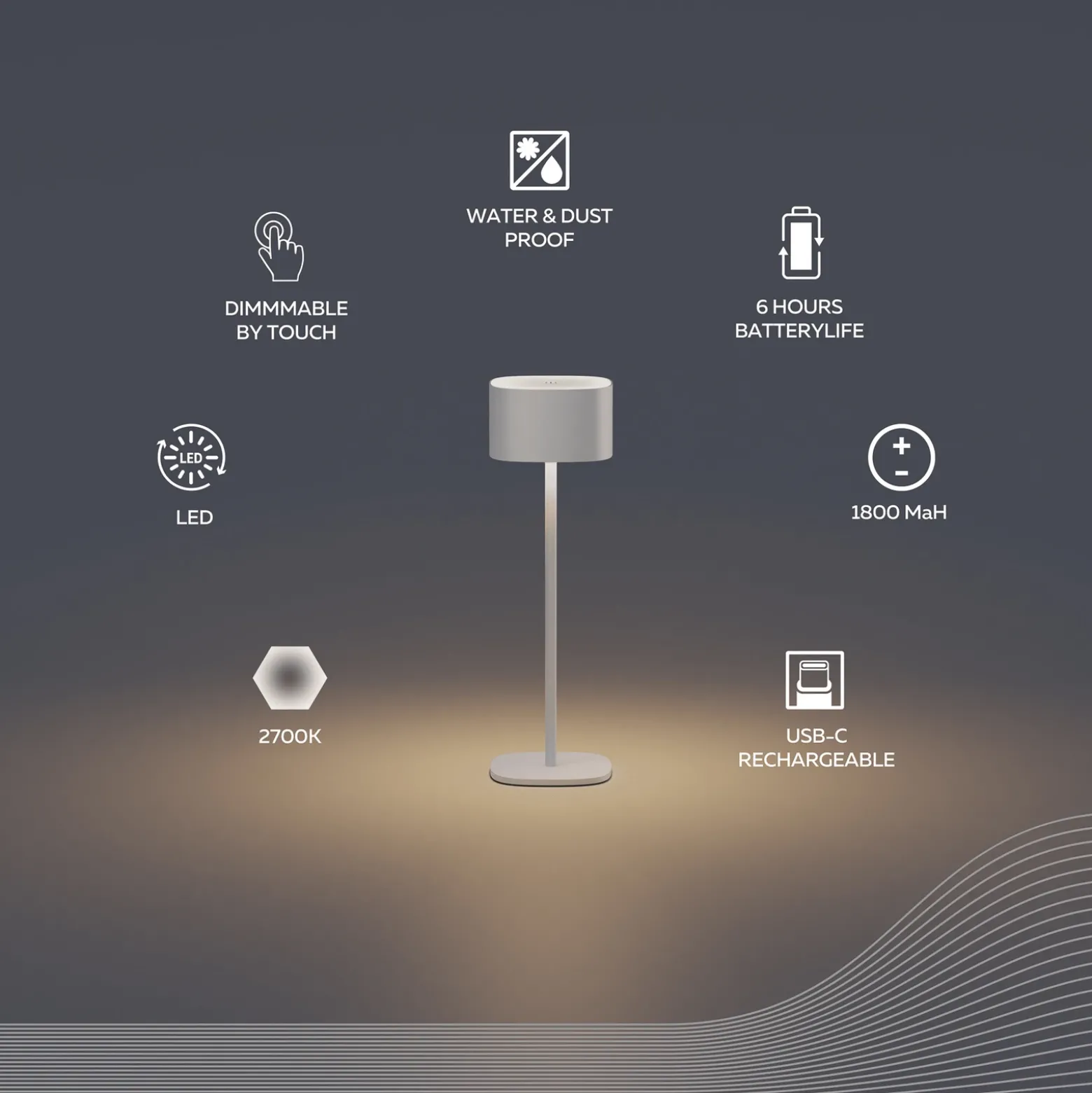 Lámpara de mesa LED recargable Calex Serino, arena, aluminio, 2700 K