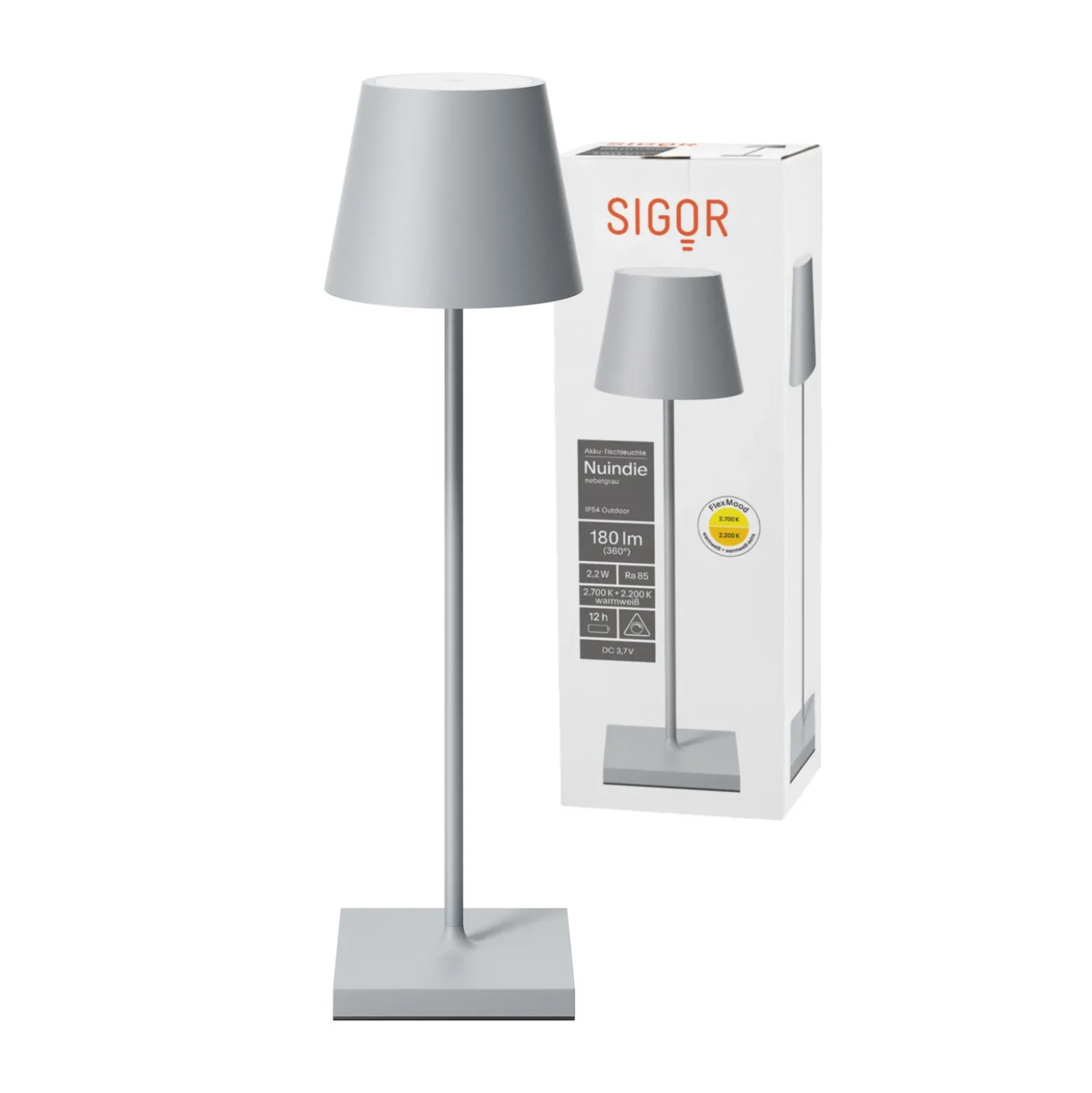 Lámpara de mesa LED recargable Nuindie, USB-C, gris, IP54, atenuable