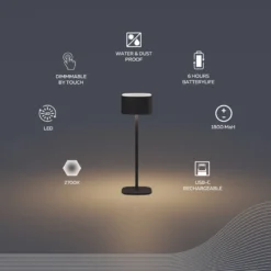 Lámpara de mesa LED recargable Calex Serino, negro, aluminio, 2700 K