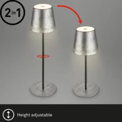 Lámpara de mesa LED recargable Kiki, plata envejecida, IP44, 3.000K