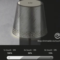 Lámpara de mesa LED recargable Kiki, plata envejecida, IP44, 3.000K