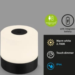 Lámpara de mesa LED recargable Smal, negra, 2.700K, atenuable