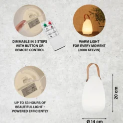 Lámpara de mesa LED recargable Ruby, Ø 14 cm, blanca, IP44, RGB atenuable
