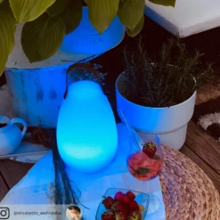 Lámpara de mesa LED recargable Ruby, Ø 18 cm, blanca, IP44, RGB atenuable