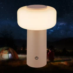 Lámpara de mesa LED recargable Juna, beige, IP44, atenuable, 20 cm