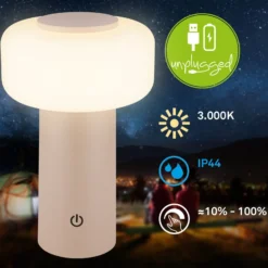 Lámpara de mesa LED recargable Juna, beige, IP44, atenuable, 20 cm